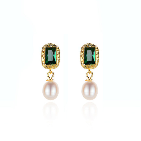 Natural Pearl Sparkling Emerald Earrings